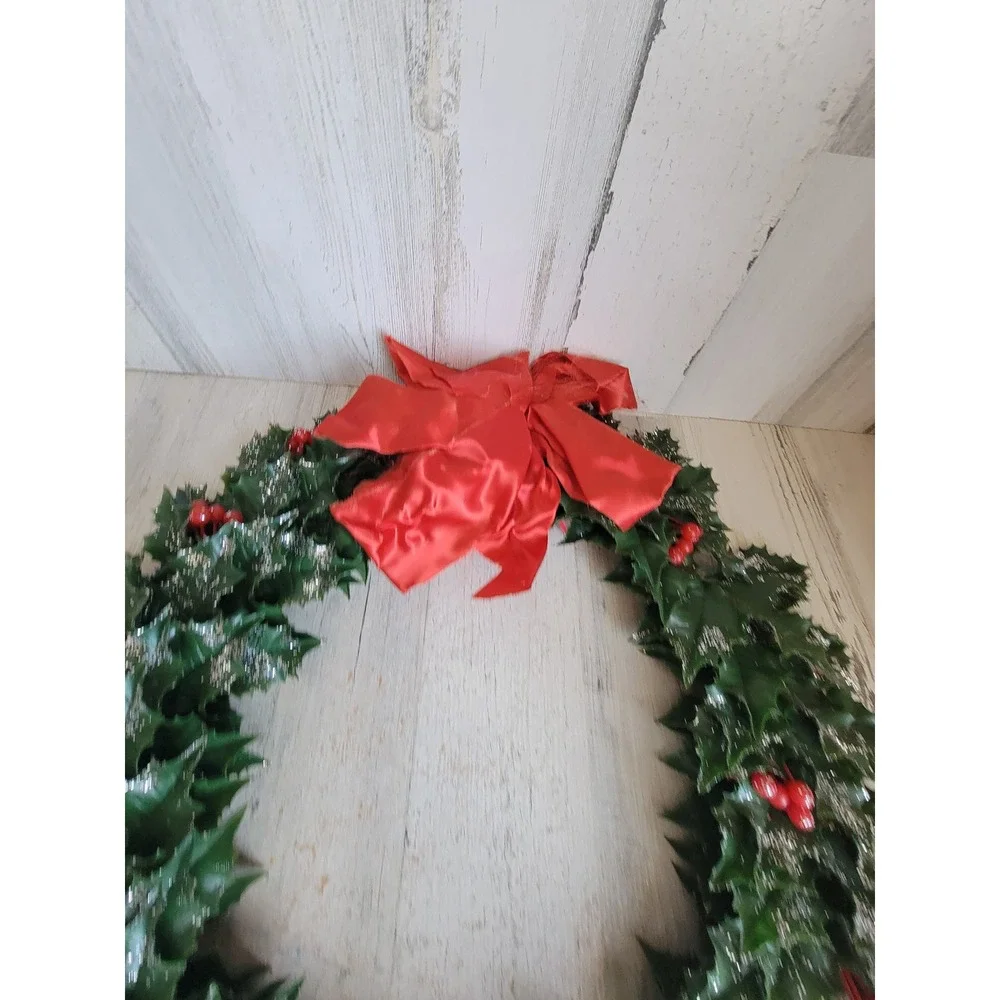 Vintage plastic faux wreath glitter Holly red bow Xmas hanging home decor unique